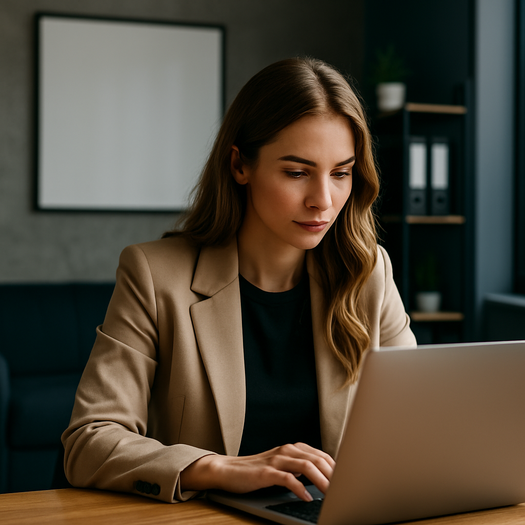 Jonge vrouw werkt gefocust op laptop in moderne kantoorruimte, symbool voor doelgerichte marketingondersteuning. maakt je foto.