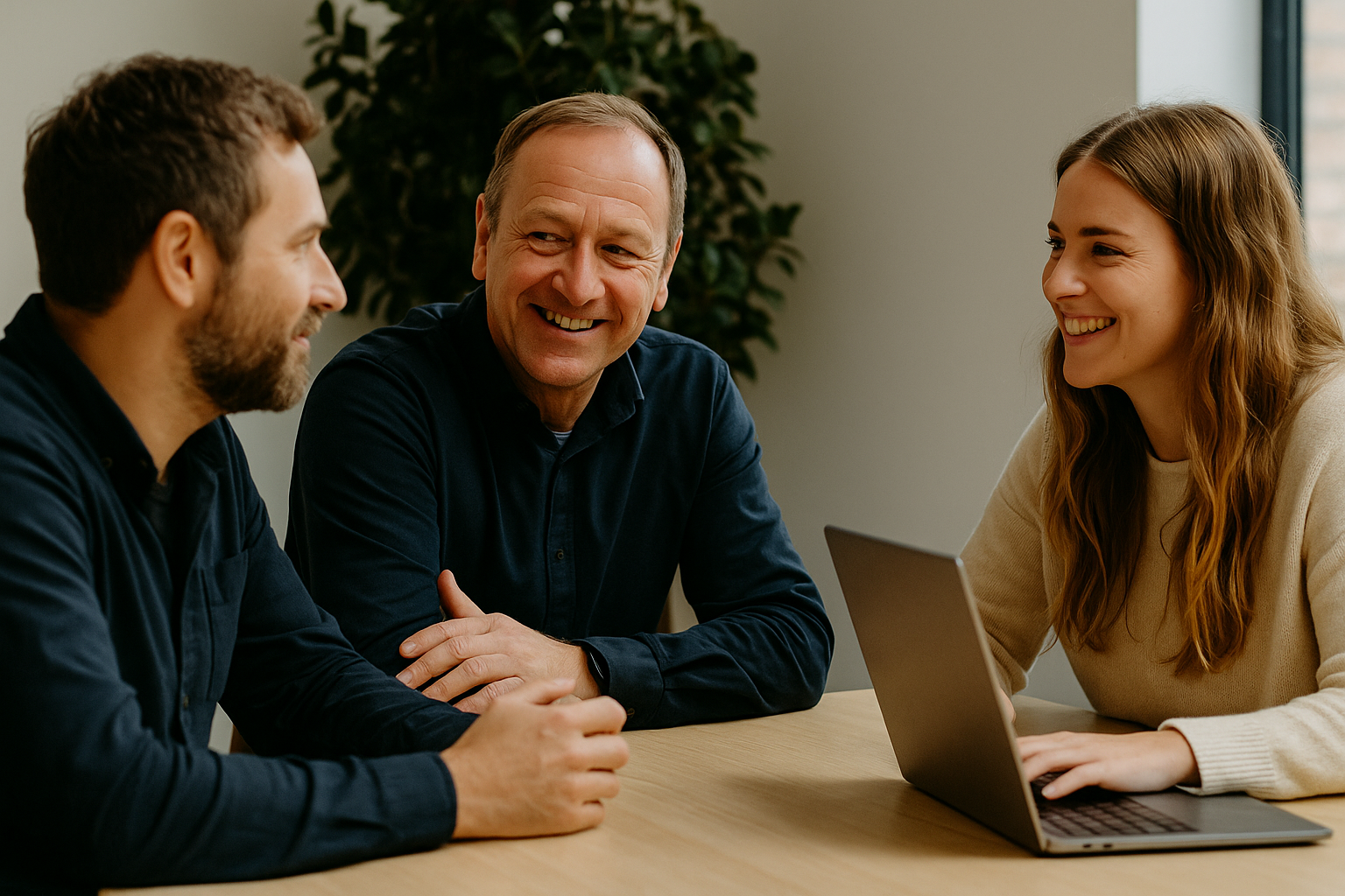 Drie professionals overleggen aan tafel in een modern kantoor, symbool voor samenwerking en strategie met AI Marketing Advies.